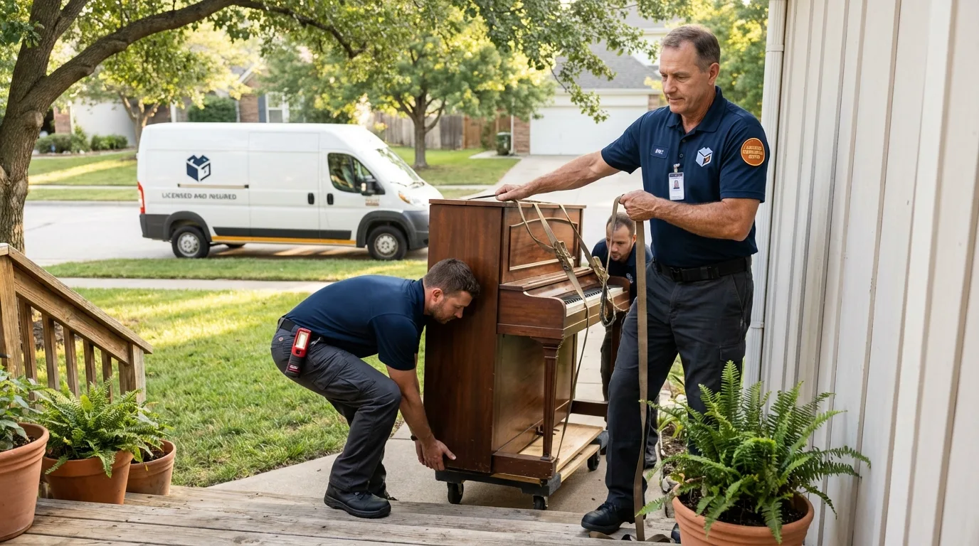 Licensed piano movers securing grand piano in Nokomis, FL