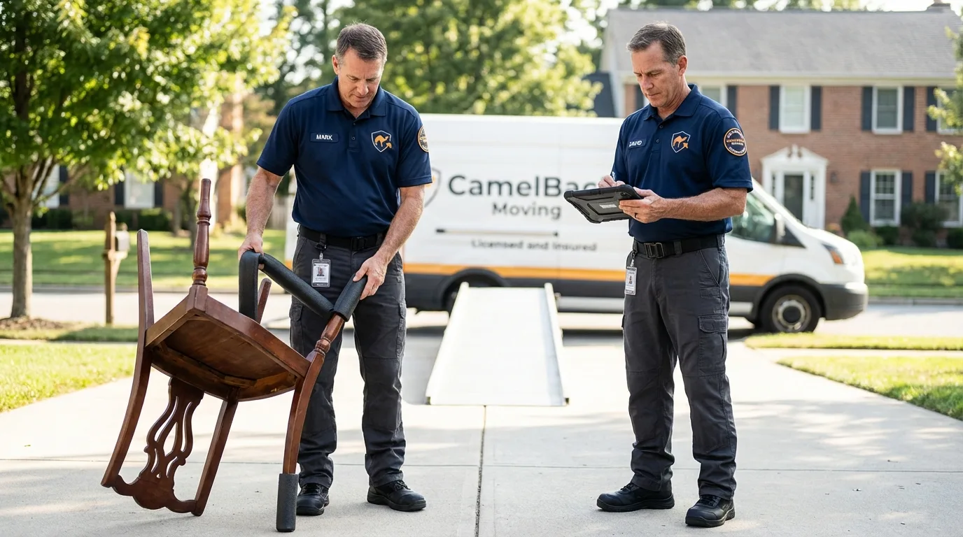 Movers inspecting furniture for damage prevention before loading in Nokomis, FL