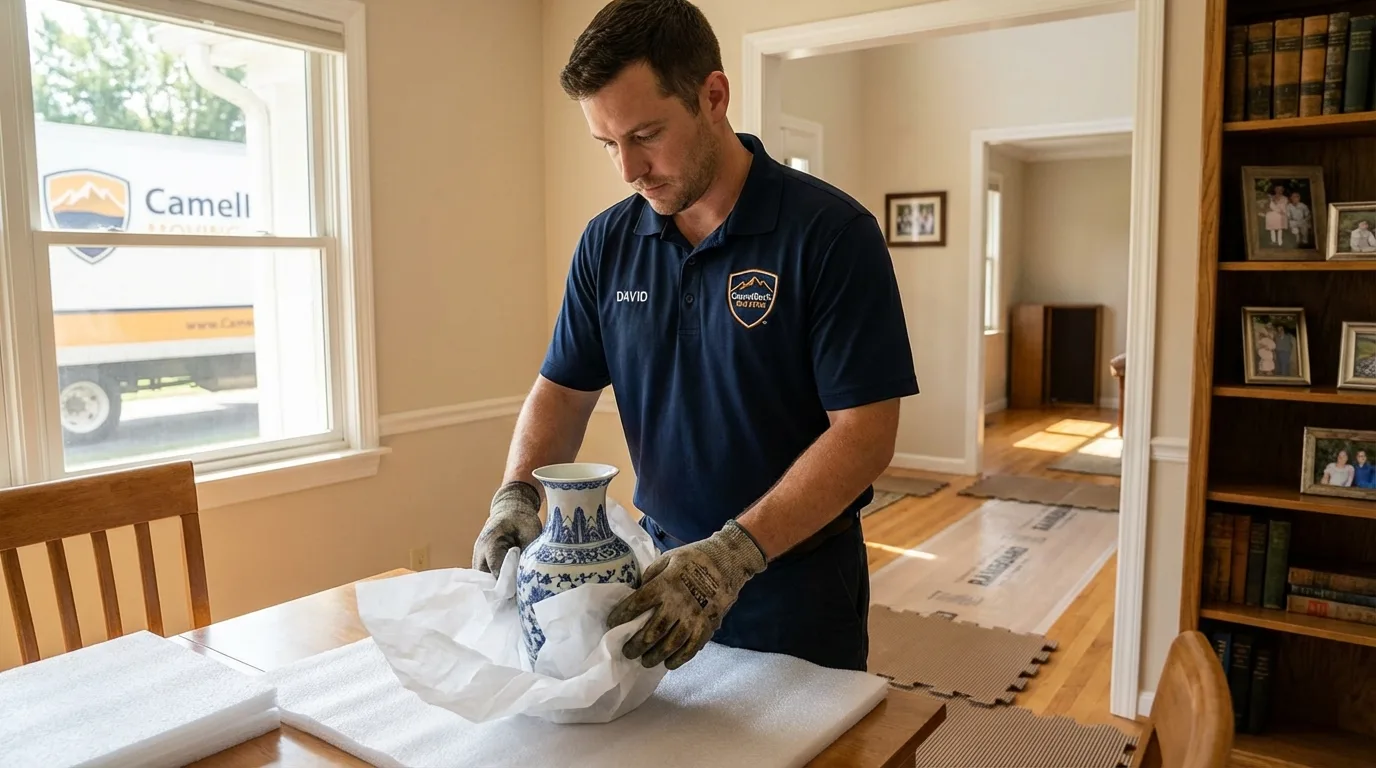 Professional crew carefully wrapping antique vase for senior downsizing move in Nokomis, FL